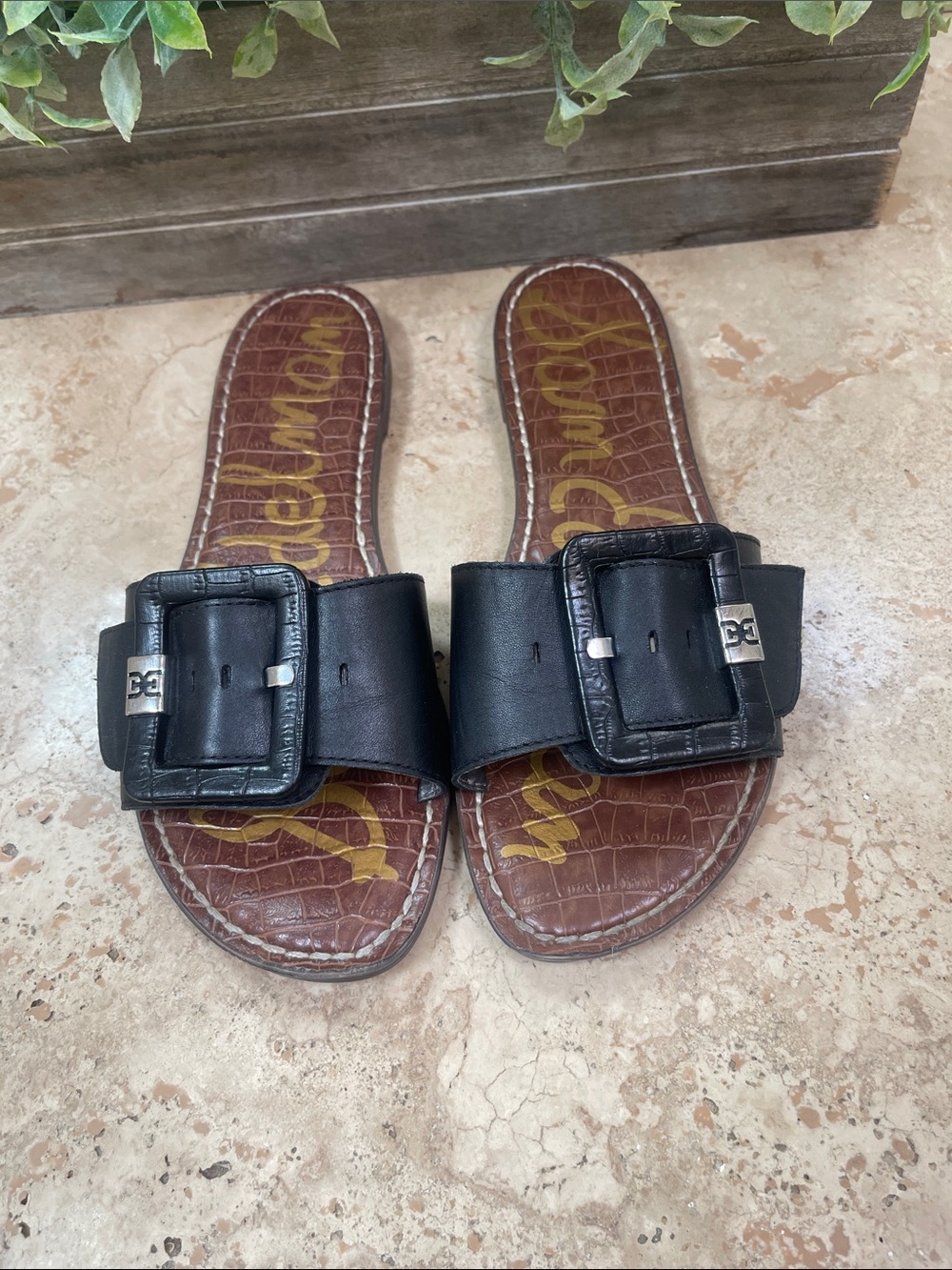 Sam Edelman Black Leather Buckle Slide Sandals